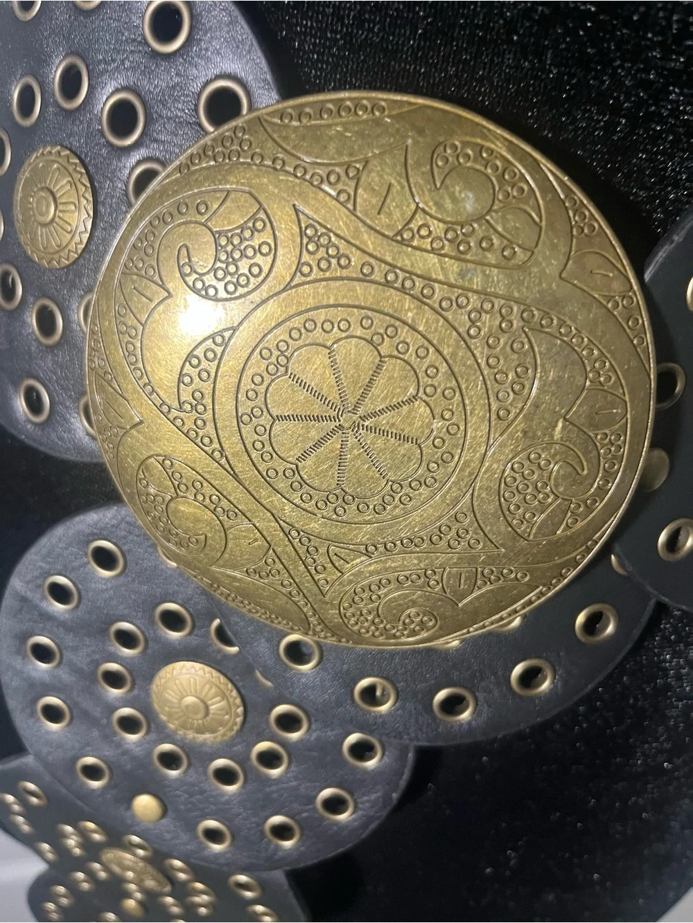 Statement Black Leather Waist Belt with Gold Medallions